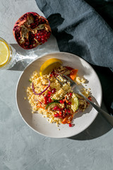 Couscous with roasted vegetables. top view