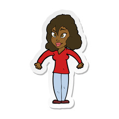 sticker of a cartoon woman shrugging shoulders