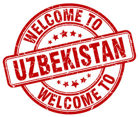 welcome to Uzbekistan red round vintage stamp