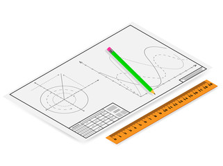 Vector drawing, pencil with a ruler and graphs