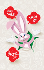 Easter Bunny jumping out from sketched paper,Easter sale web banner,vector illustration of online shopping website