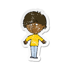 retro distressed sticker of a cartoon suspicious man looking over shoulder