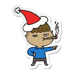 sticker cartoon of a man smoking wearing santa hat