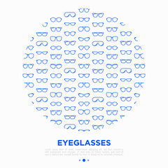 Eyeglasses concept in circle with thin line icons: sunglasses, sport glasses, rectangular, aviator, wayfarer, round, square, cat eye, oval, extravagant, big size, reading. Vector illustration