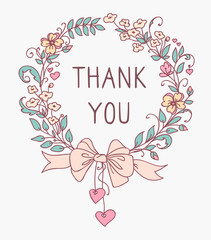 Floral wreath pattern with bow and hearts. Decorative floral frame.