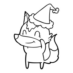 friendly line drawing of a wolf wearing santa hat