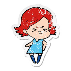 distressed sticker of a cartoon angry woman