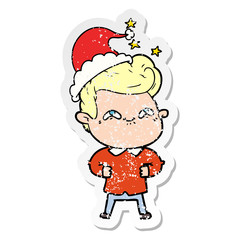 distressed sticker cartoon of a excited man wearing santa hat