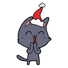 happy line drawing of a cat wearing santa hat