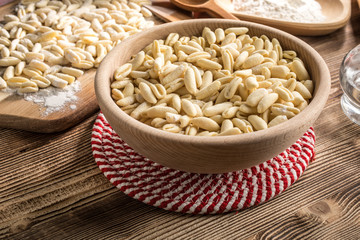 Fresh uncooked cavatelli pasta.
