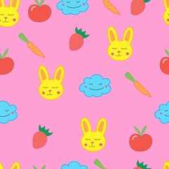seamless pattern for children with rabbit, strawberry, cloudlet and flowers. Bright pattern on a pink background. Perfect for textiles and packaging.