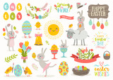 Set of vector cute Easter cartoon characters and design elements. Easter bunny, chickens, eggs and flowers.