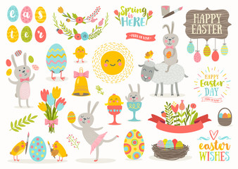 Set of vector cute Easter cartoon characters and design elements. Easter bunny, chickens, eggs and flowers.