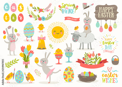 Set of vector cute Easter cartoon characters and design elements. Easter bunny, chickens, eggs and flowers.