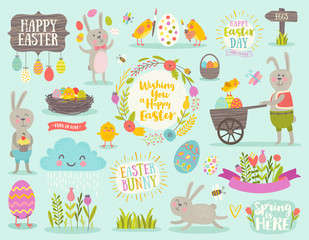 Set of vector cute Easter cartoon characters and design elements. Easter bunny, chickens, eggs and flowers.