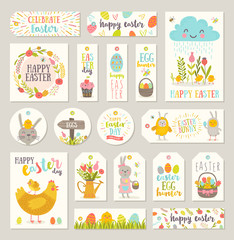 Set of vector Easter gift tags and labels with cute cartoon characters and type design . Easter greetings with bunny, chickens, eggs and flowers.