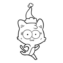 line drawing of a surprised cat running wearing santa hat