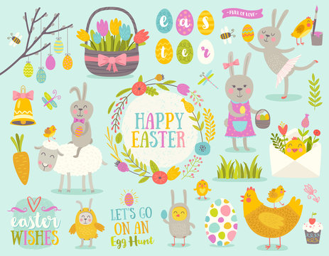 Set of vector cute Easter cartoon characters and design elements. Easter bunny, chickens, eggs and flowers.
