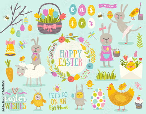 Set of vector cute Easter cartoon characters and design elements. Easter bunny, chickens, eggs and flowers.