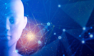 ai and head brain of human blue abstract futuristic ai ui digital technology light internet network...