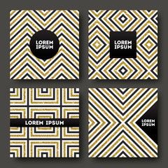 Set of abstract design, Black space for text on a glitter gold geometric striped background. Design for invitation, greeting card, cover or flyer. Vector illustration.