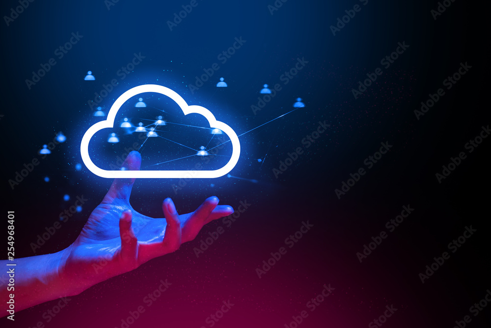 Poster global network technology digital data ai hologram with particle light and two hands of human with b