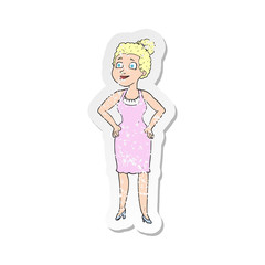 retro distressed sticker of a cartoon woman wearing dress