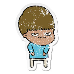distressed sticker of a annoyed cartoon boy