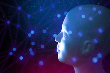 human head brain and particle with digital data ai global network technology hologram with light...