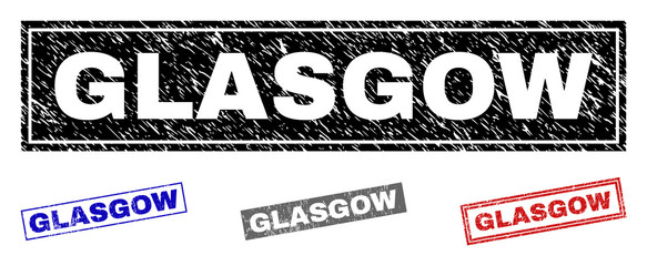 Grunge GLASGOW rectangle stamp seals isolated on a white background. Rectangular seals with grunge texture in red, blue, black and gray colors.