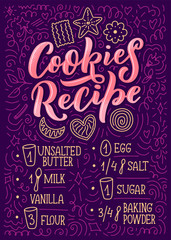 Lettering with cookies recipe. Delicious poster. Concept design. Vector illustration. Funny christmas text. Bakery card.