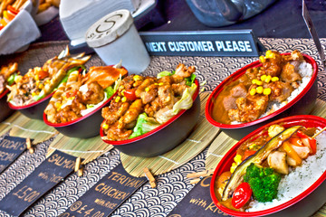 a street food market thai food, japanese and chinese