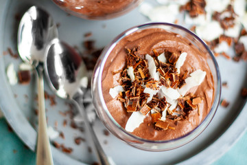 Homemade vegan chocolate mousse with coconut creamand cocoa