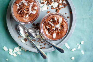 Homemade vegan chocolate mousse with coconut creamand cocoa
