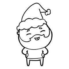 line drawing of a happy bearded man wearing santa hat