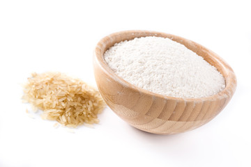 White rice flour in a bowl isolated on white background