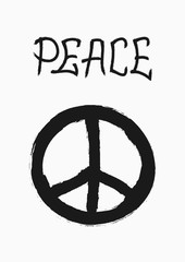 Symbol of peace and handwritten word Peace. Grunge, sketch, watercolor, paint, graffiti.