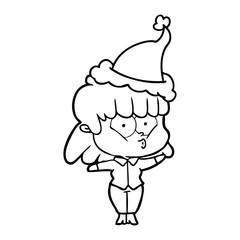 line drawing of a whistling girl wearing santa hat