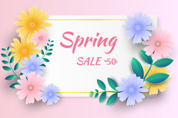 Hello Spring sale background with beautiful paper flowers.