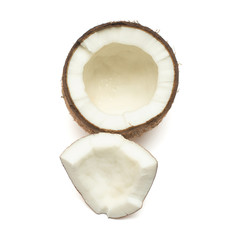 Coconuts half and piece isolated on white background. Tropical fruit. Flat lay, top view