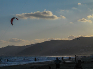Kitesurf in beach of Barcelona. Spain