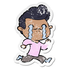 distressed sticker of a cartoon man crying