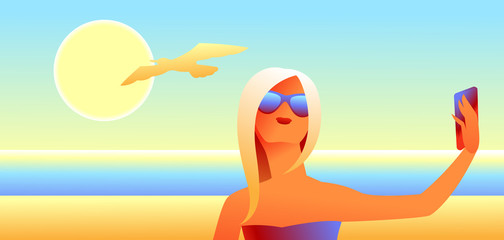 Girl in sunglasses makes selfie.