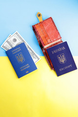 Ukrainian biometric passport on background of the Ukrainian flag. Passport for travel abroad and internal passport of Ukraine. Dollars, wallet and documents