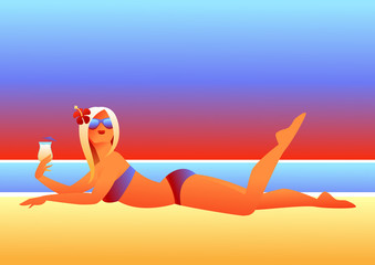 Girl sunbathes on beach.