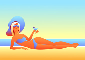 Girl sunbathes on beach.