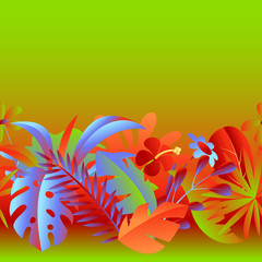 Seamless pattern with tropical leaves and flowers.