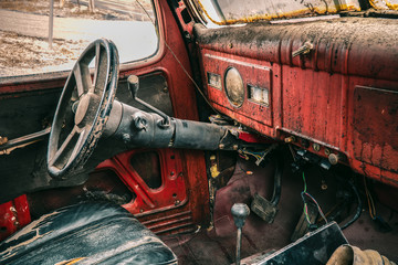 Old rusty antique dodge truck dashboard Interior 