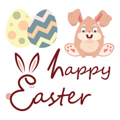Easter concept. Easter bunny with eggs and the inscription Happy Easter. Funny rabbit in the form of an egg. Vector illustration.