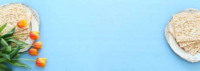 Pesah celebration concept (jewish Passover holiday). Top view, flat lay